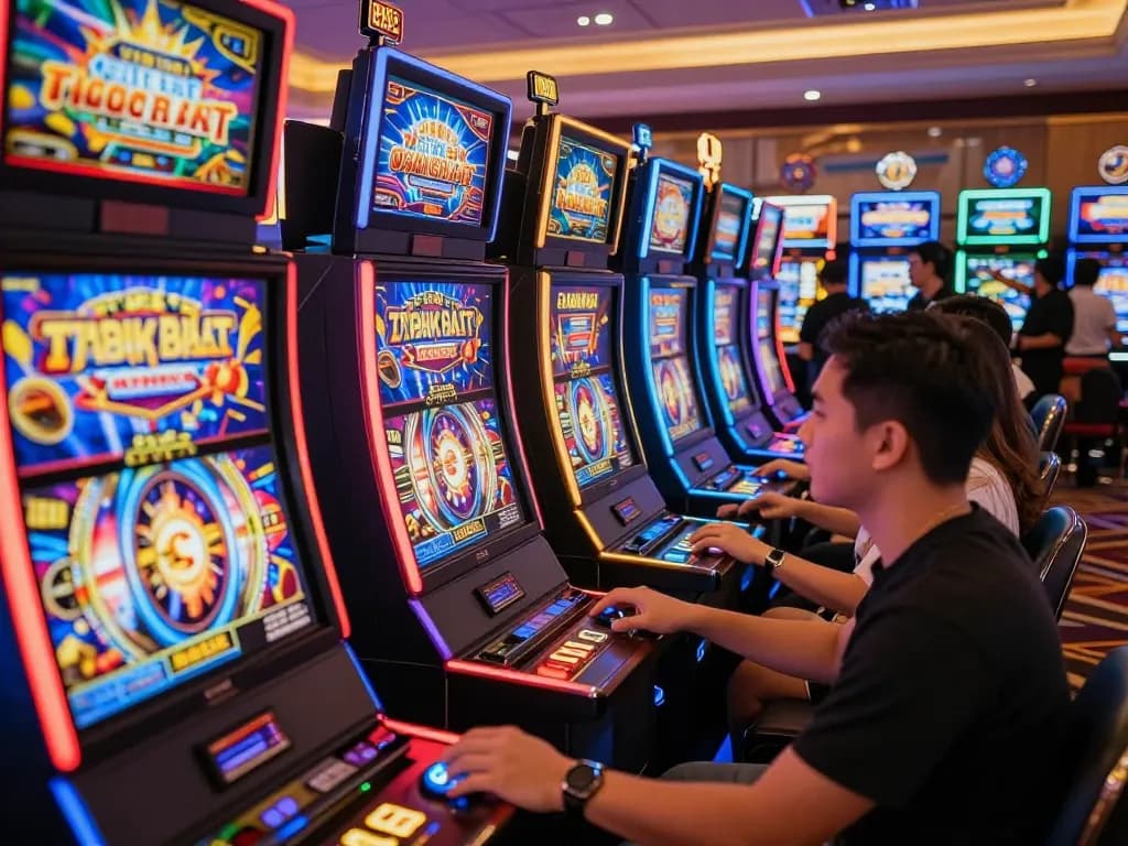 Engaged players enjoying colorful slot machines at a situs slot gacor casino floor.