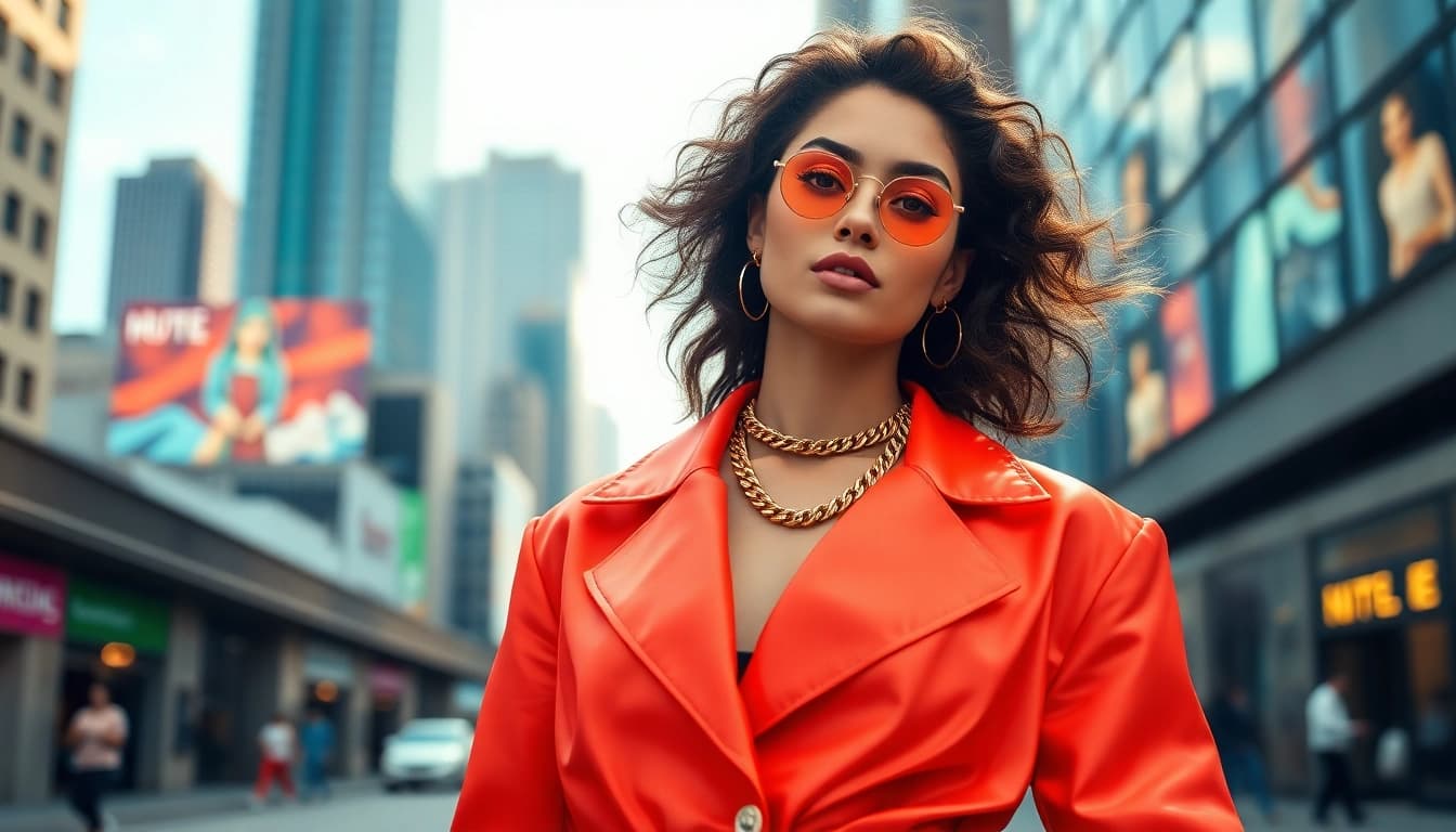 Showcase modern fashion styles at https://www.northernfashions.com with a vibrant urban backdrop.