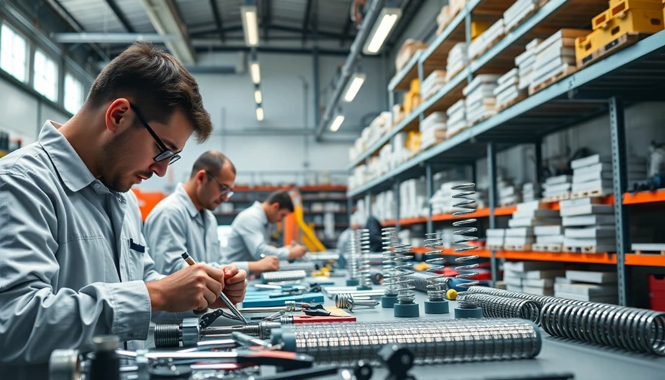 Gas Spring Manufacturer technicians assembling gas springs with precision in a bright workshop.