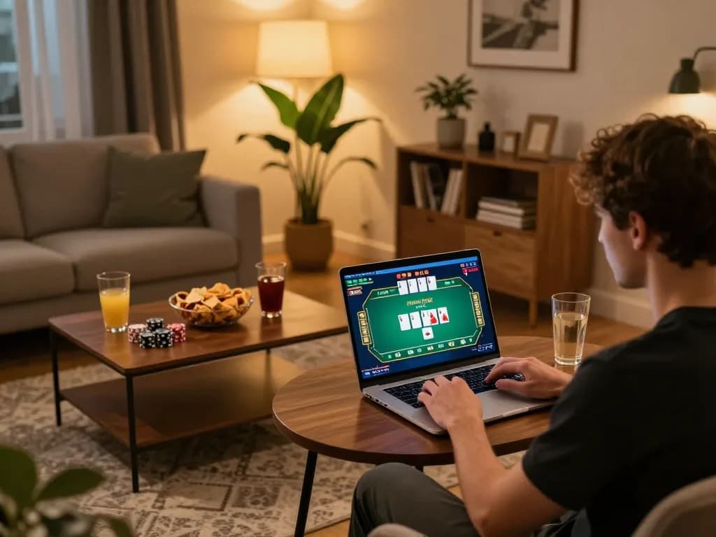 Experience thrilling online poker gameplay with MM88 in a cozy gaming setup at home.