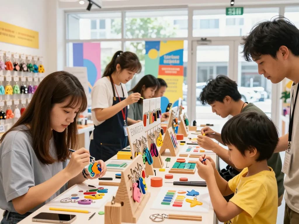 Group of diverse customers engaged in creating custom key chains in a vibrant e-commerce store, showcasing creativity and personalization.
