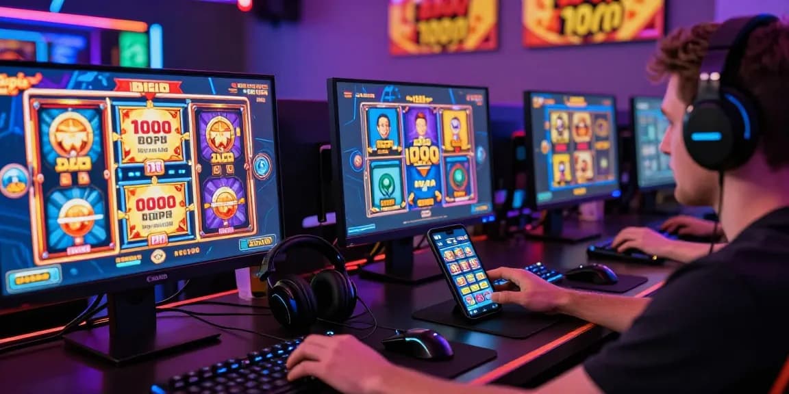 Player exploring slot depo 1000 games with vibrant graphics and gaming accessories in an immersive setup.