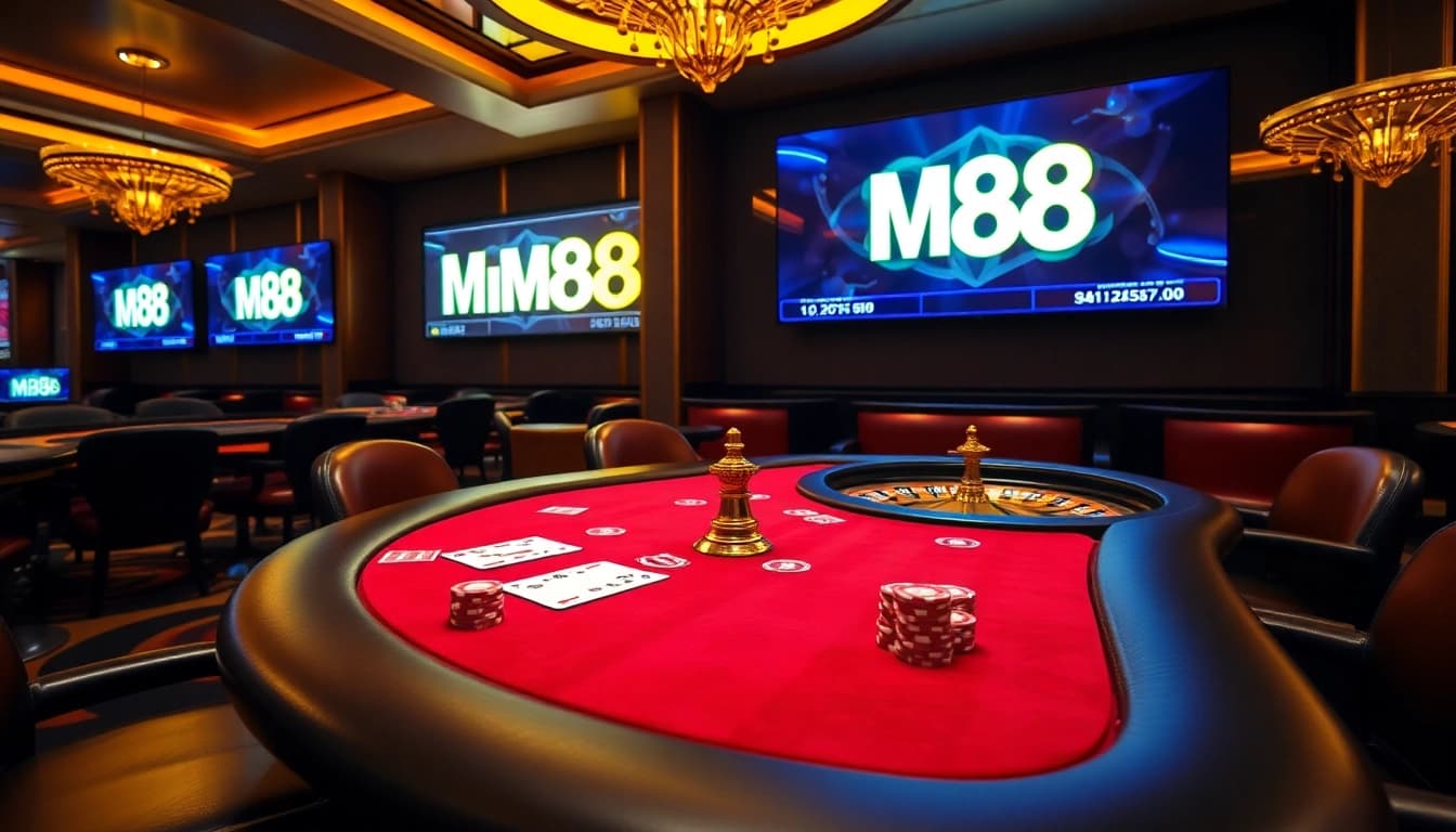 Experience the thrill of MM88's upscale casino atmosphere with elegant gaming tables and vibrant action.