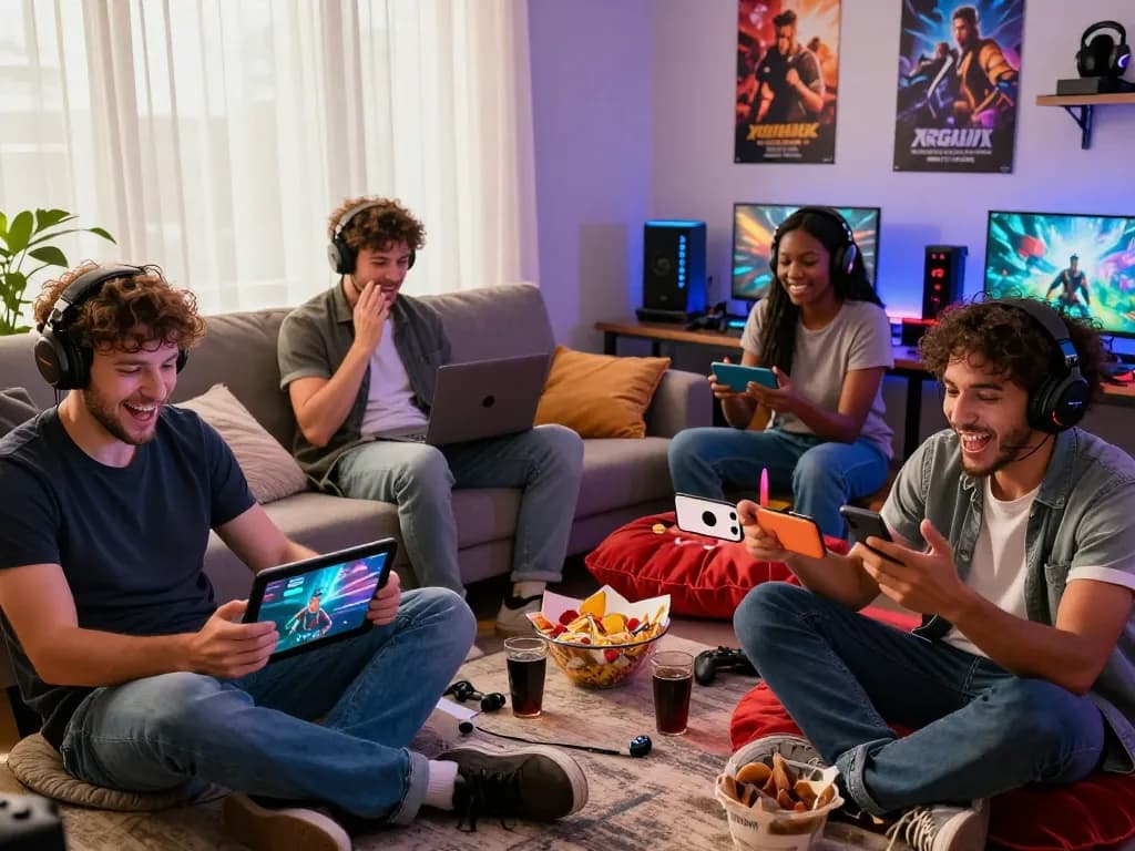Group of gamers passionately enjoying an xxx game on multiple devices in a cozy game room setting.