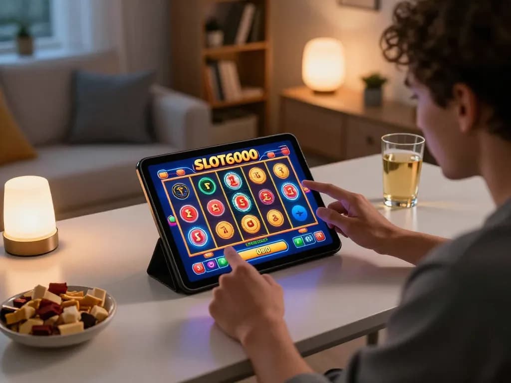 SLOT6000 gaming experience on a tablet showcasing vibrant slot game interface at a cozy modern desk