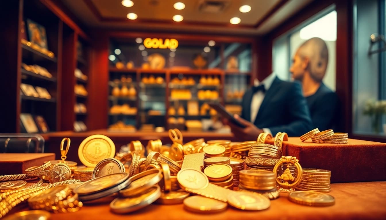 Offrire compro oro roma in un negozio luminoso con gioielli e monete d'oro.