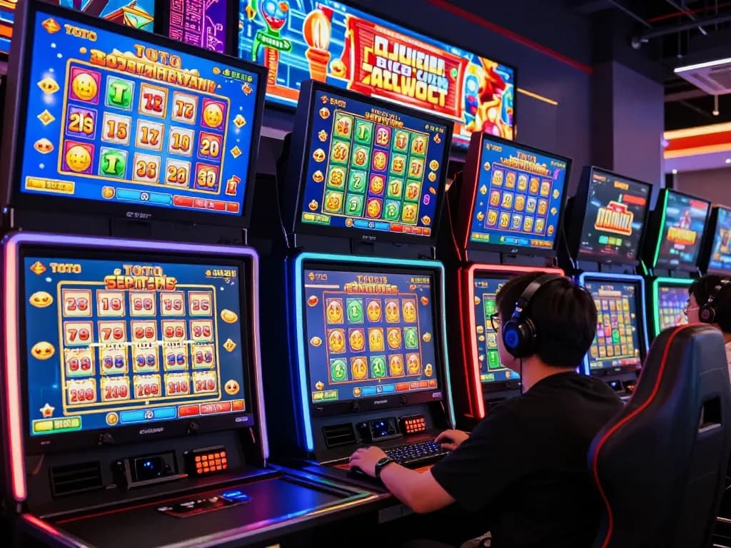 Bantaitogel gaming experience with player engaged in TOTO and slot games amidst vibrant digital displays and winning graphics