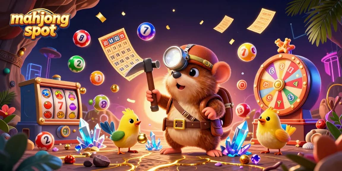 Experience thrilling mahjong slot gameplay with treasure hunter mole and exciting casino elements.