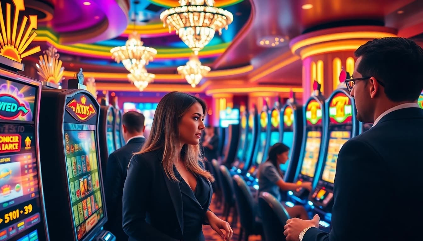 Menampilkan pemain yang antusias memainkan situs slot demo di kasino mewah.