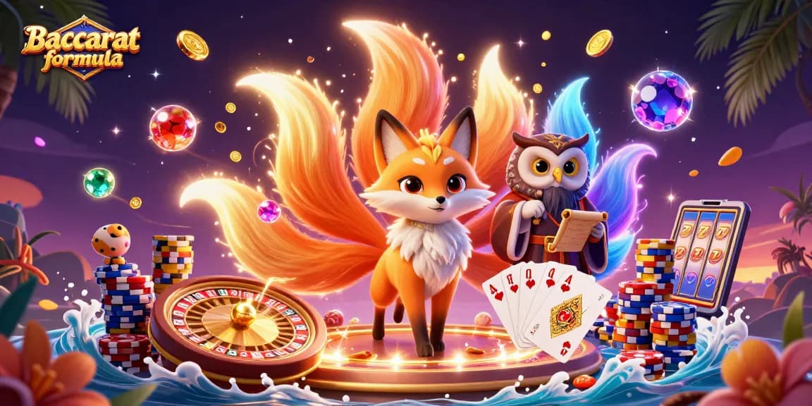 Experience the Baccarat formula with a magical scene featuring glowing spirits and vibrant casino elements.