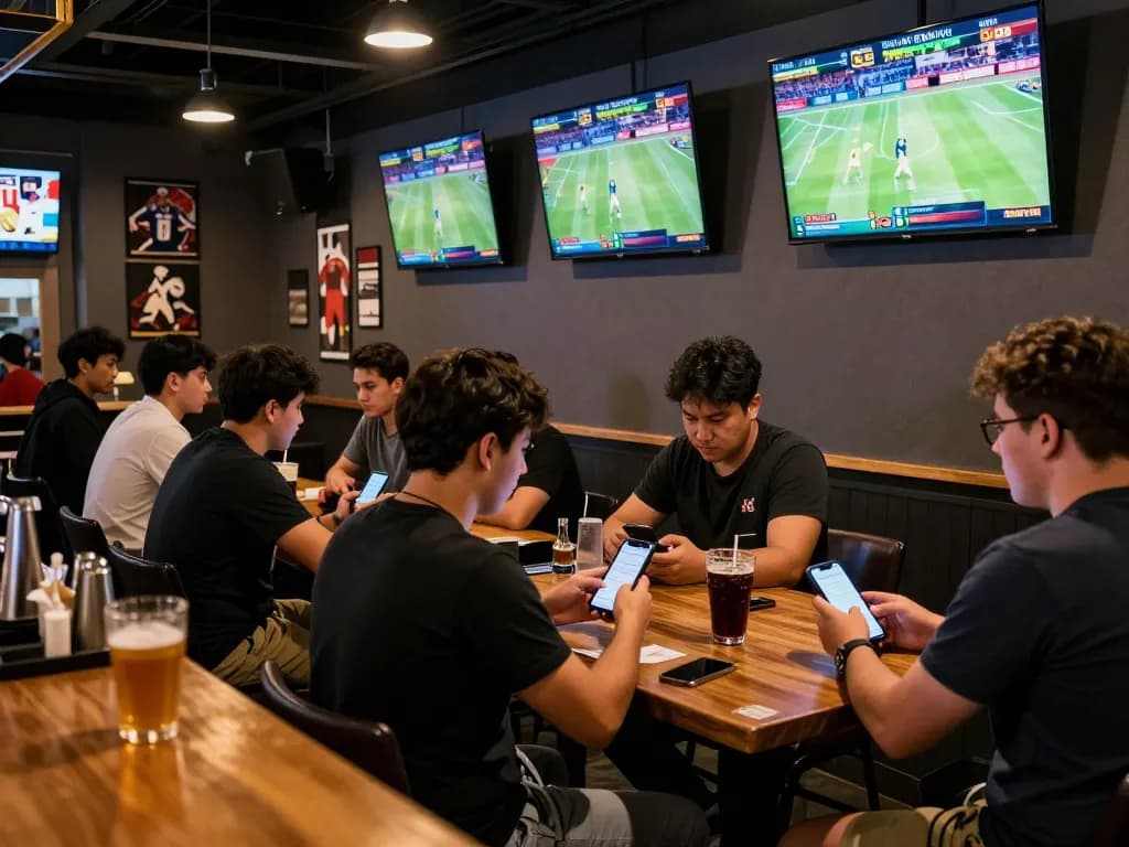 Engaged bettors at Nhà Cái FB88 using smartphones to place bets in a lively sports bar atmosphere