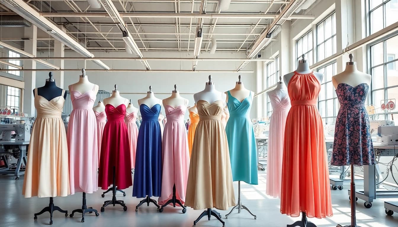 Women’s Clothing Manufacturer showcasing elegant dresses in a bright, modern factory setting.