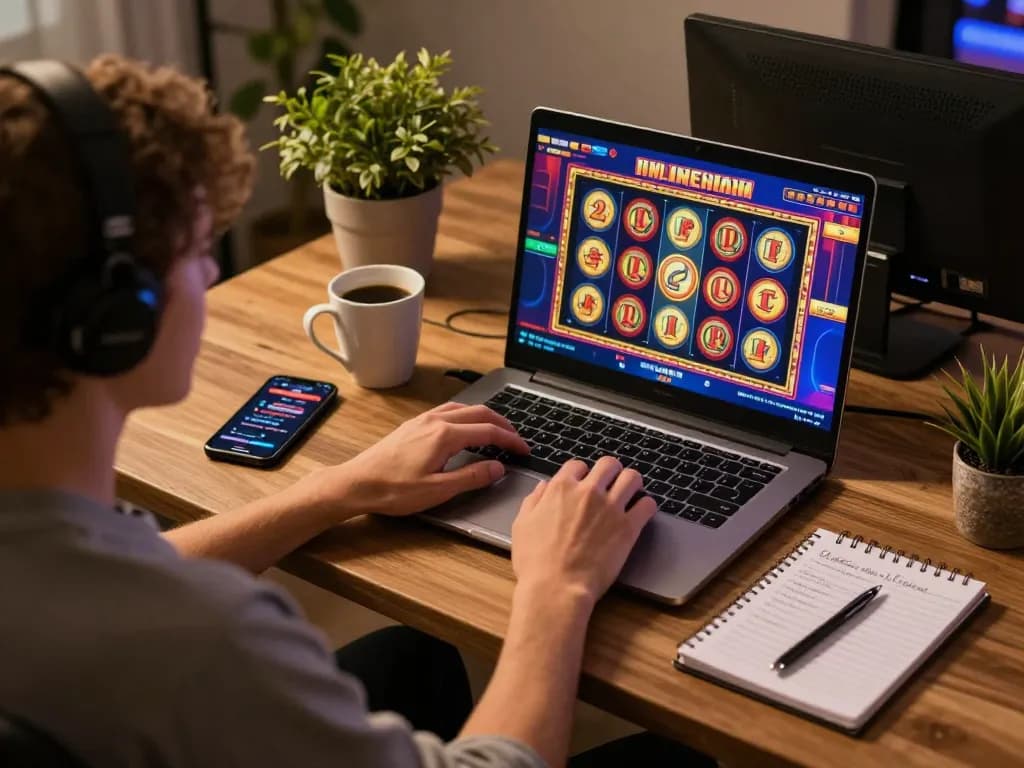 Player engaging with TG88 online casino via laptop, enjoying the thrill of online slots in a cozy setting.