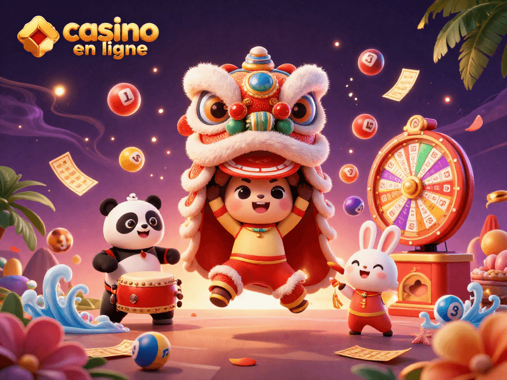 Jouez au casino en ligne avec cette illustration festive, intégrant un lion chinois et des éléments de jeu.