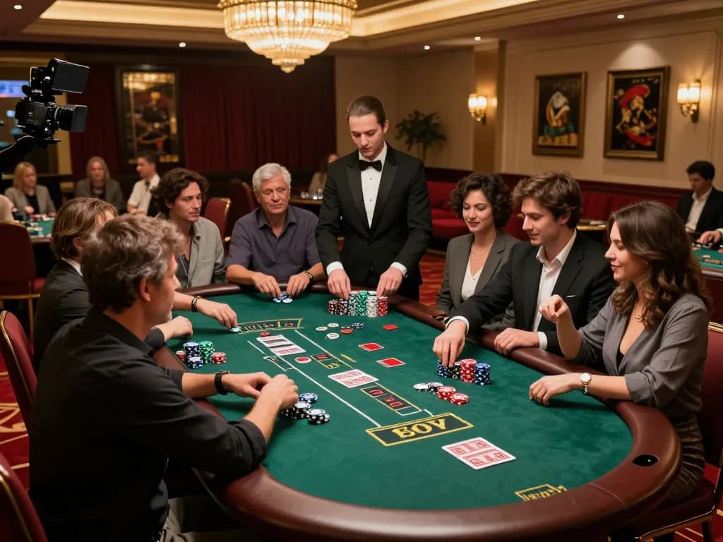 SB88 players intensively strategizing at blackjack, showcasing a vibrant casino atmosphere.