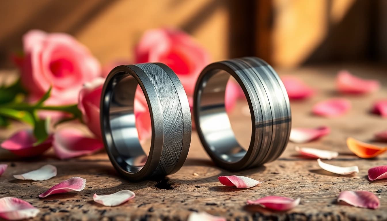 Admire Gunmetal Wedding Bands for Men with unique finishes arranged attractively.
