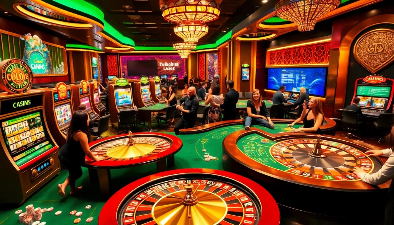 Découvrez le frisson du casino en ligne avec des machines à sous vibrantes et des joueurs intenses aux tables de poker.