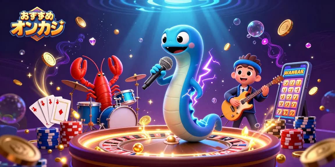 おすすめ オンカジ のアクションシーンを描いた3Dイラスト。電気ウナギがDJの装備で、カジノパフォーマンスを楽しむ様子。