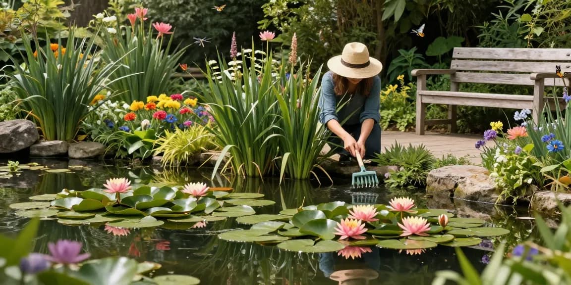 Water lilies floating on a tranquil pond while a gardener tends to the plants amidst lush greenery.