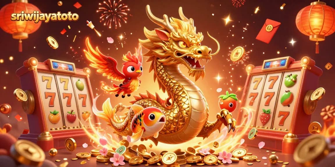 Sriwijayatoto features a fierce dragon and phoenix surrounded by slot games and coins, celebrating wins.