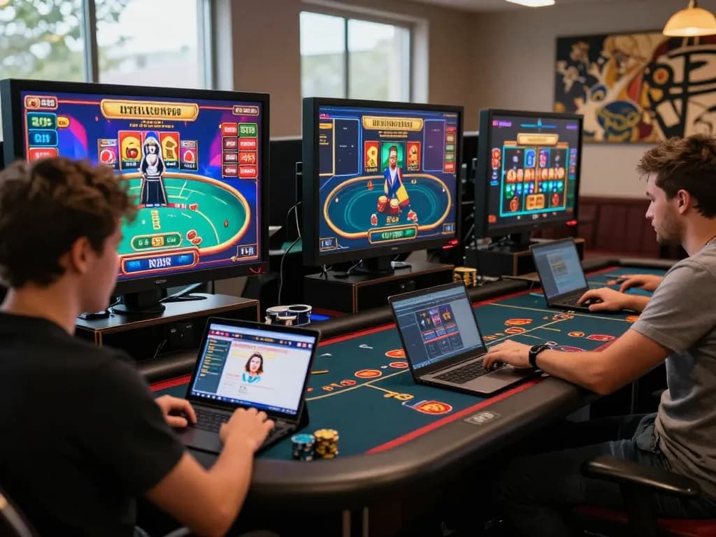 Players enjoying go88 online games in a vibrant virtual casino setting, showcasing engaging live dealer interactions and colorful gaming devices.