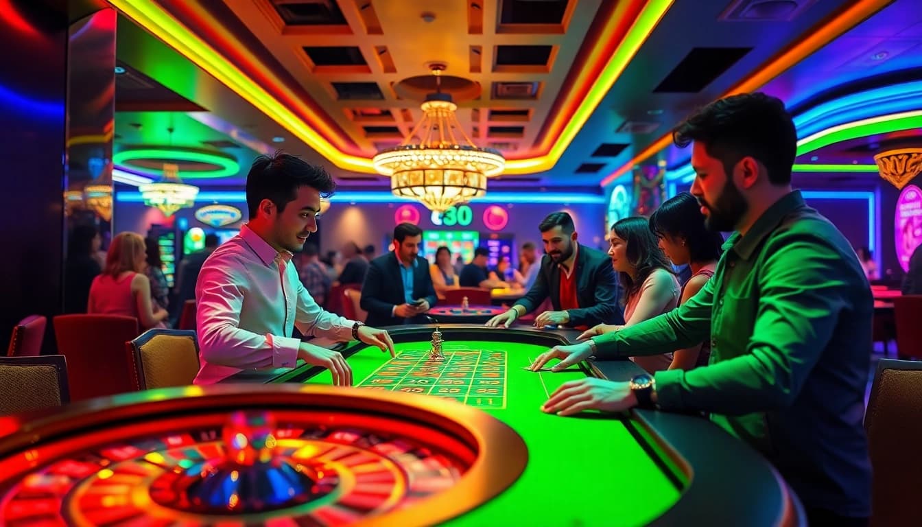 Explore a Betdasorte enquanto jogadores comemoram suas vitórias em um cassino vibrante.