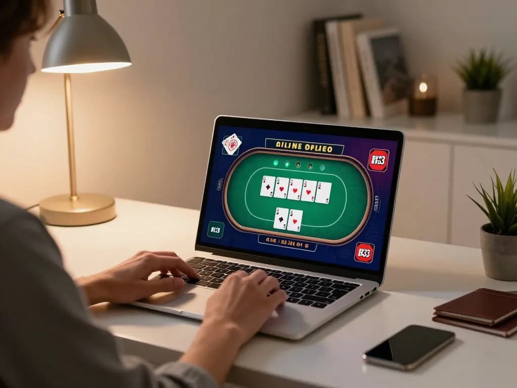 Engaging in a BK33 online casino game with a laptop at home, showcasing vibrant poker interface.