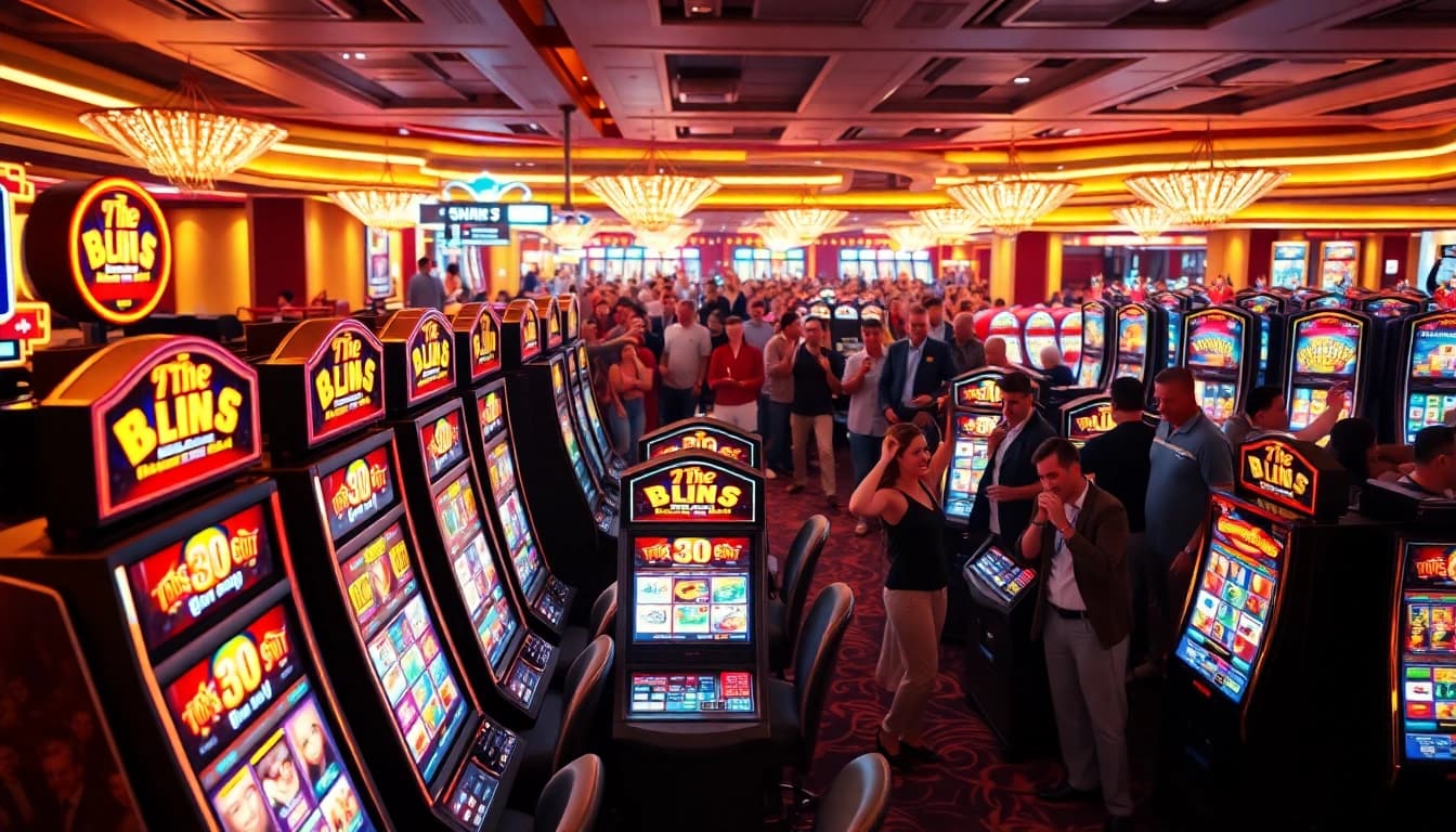 Nikmati keseruan bandar slot dengan mesin-mesin berwarna cerah dan pemain yang bersorak.