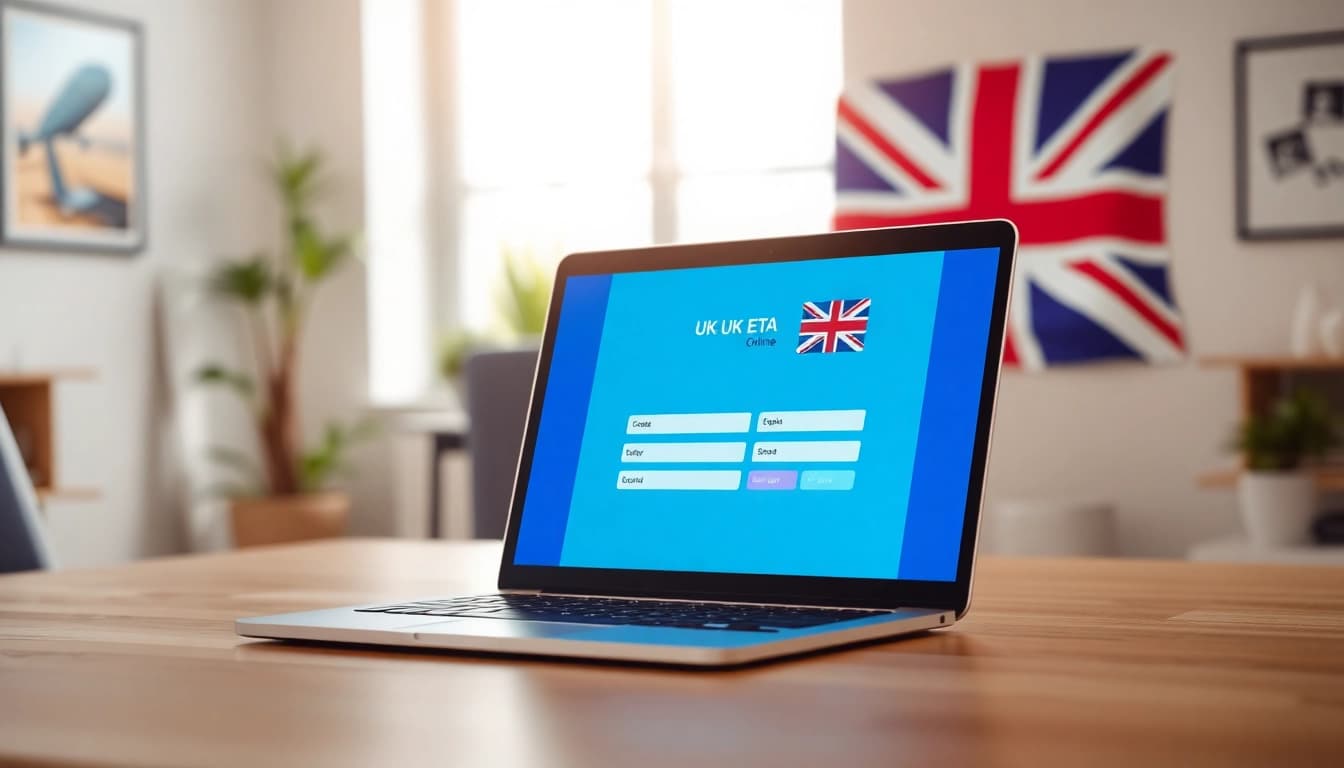 Streamlined uk eta online application interface showing laptop and UK flag for convenience.