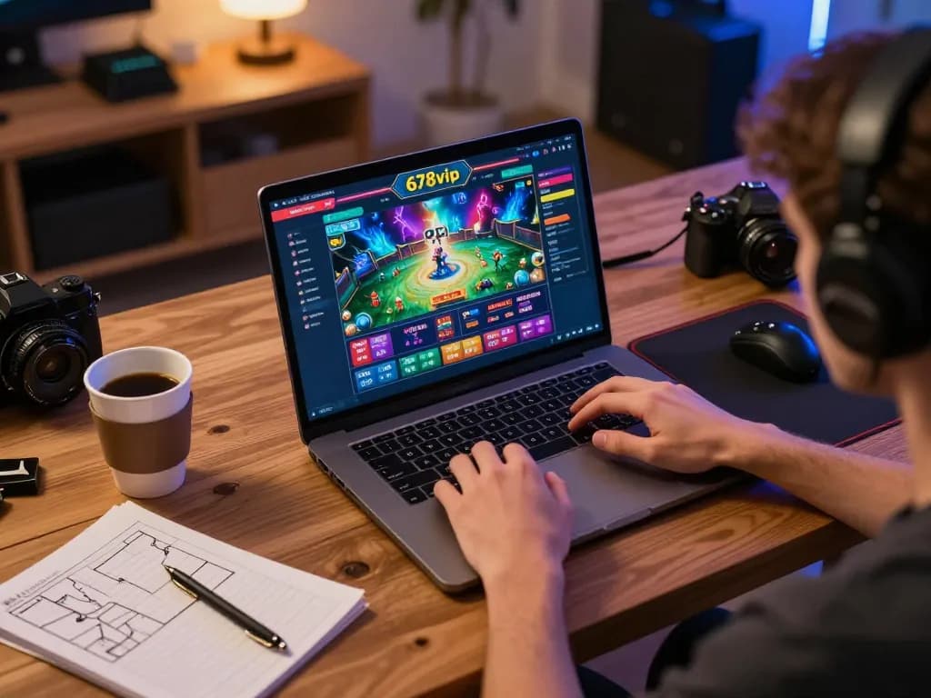 Person engaged in online gaming with 678vip interface while surrounded by strategy notes and coffee.