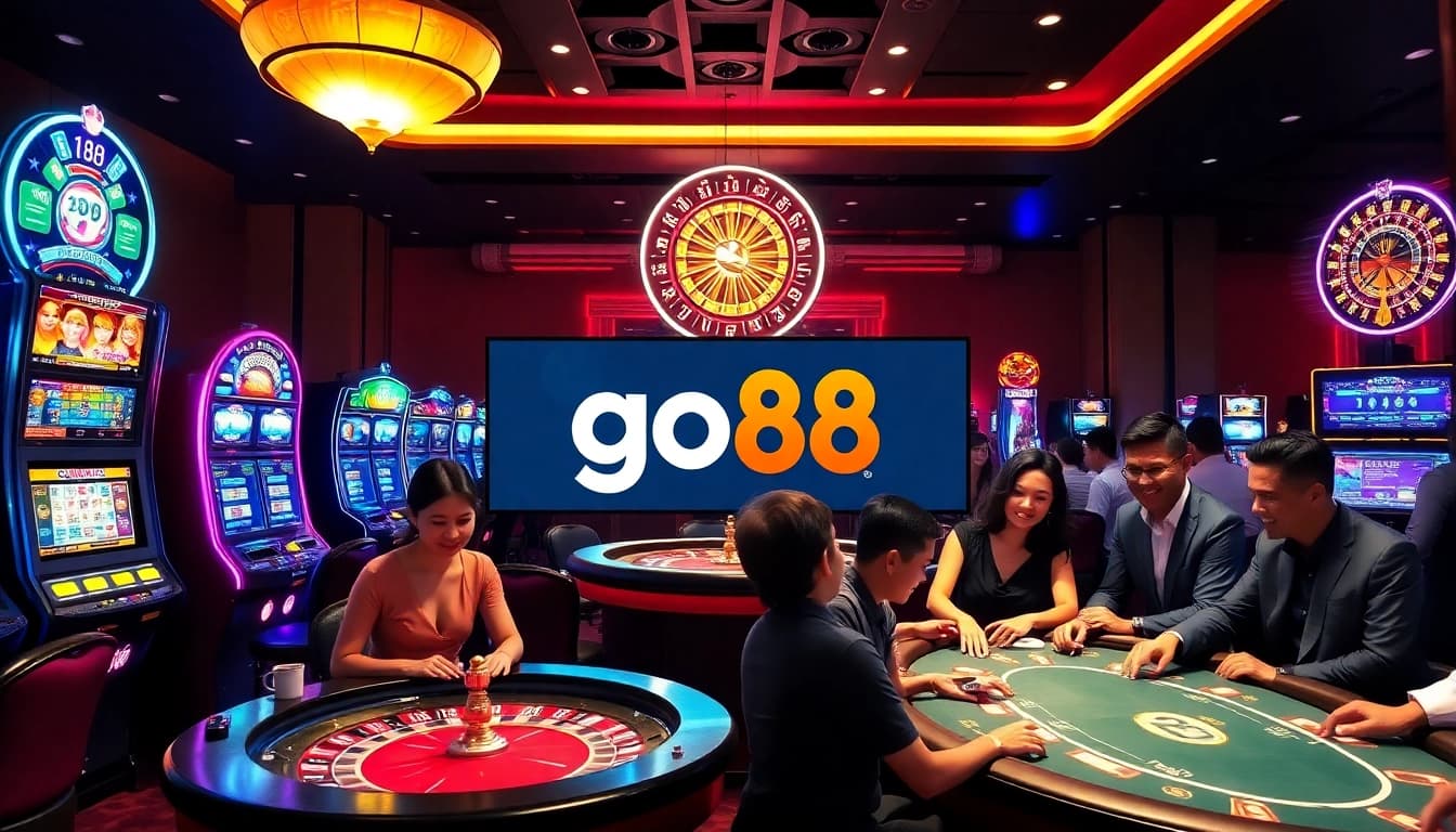 Exciting gambling scene with vibrant go88 branding, showcasing engaging players at a luxury casino.