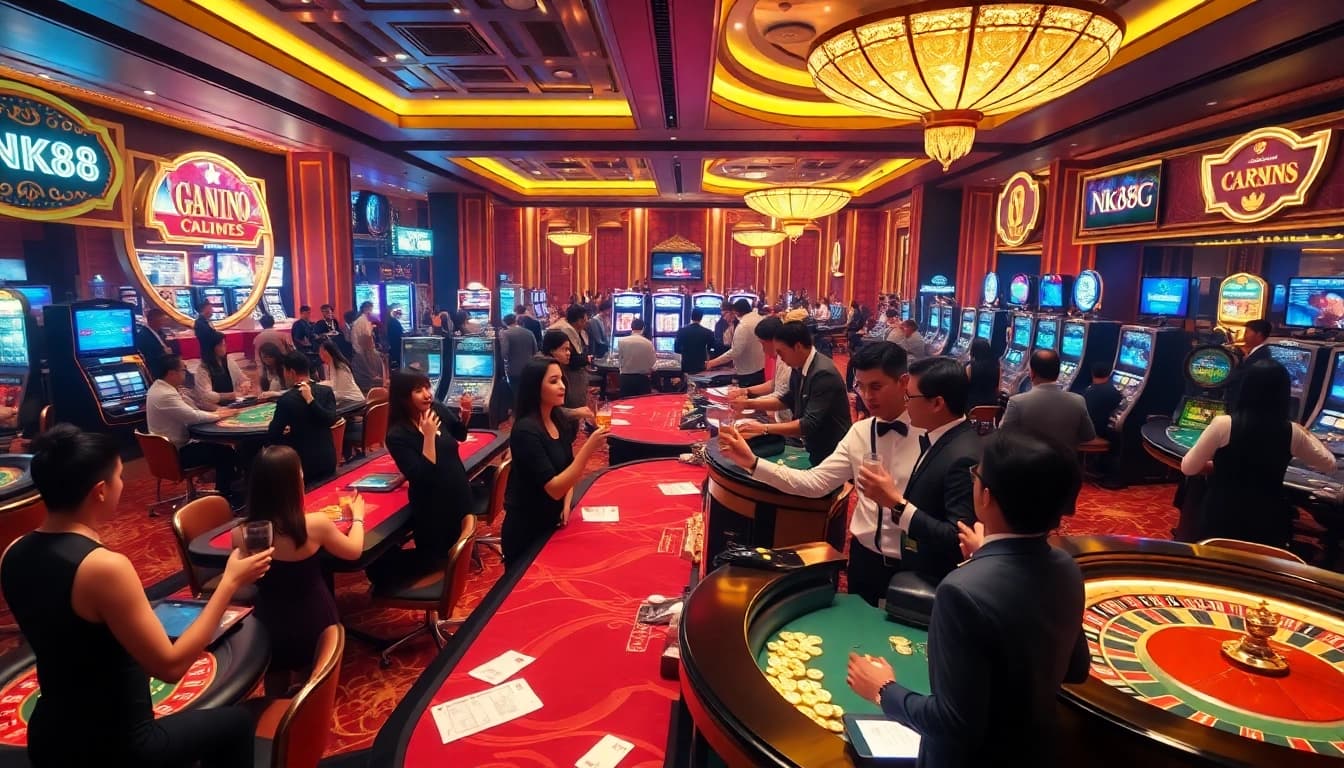 Players enjoying a vibrant NK88 casino experience with poker tables, roulette wheels, and slot machines.