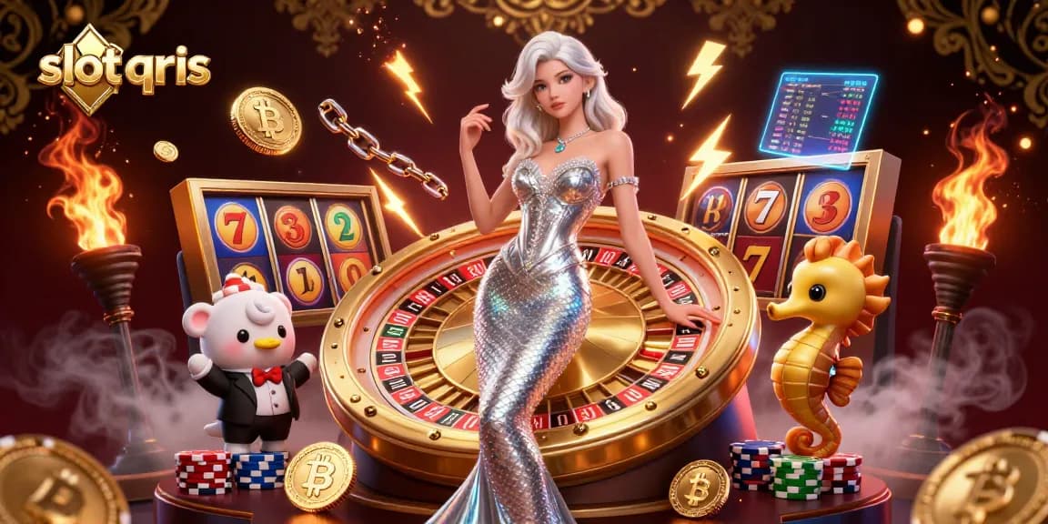 Engage with slot qris, a vibrant casino illustration featuring a woman beside a golden roulette wheel and playful seahorse.