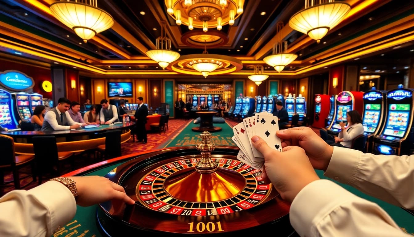 Joueurs ravis profitant d'une atmosphère luxueuse de casino en ligne avec des jetons de poker et des cartes.
