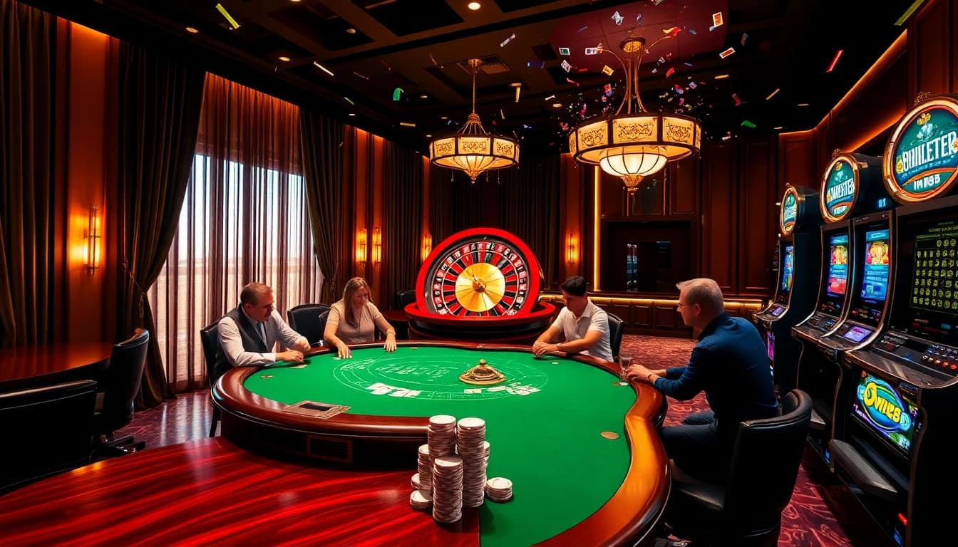 A sophisticated gaming atmosphere at IWIN68, featuring players at a poker table amidst vibrant casino decor.