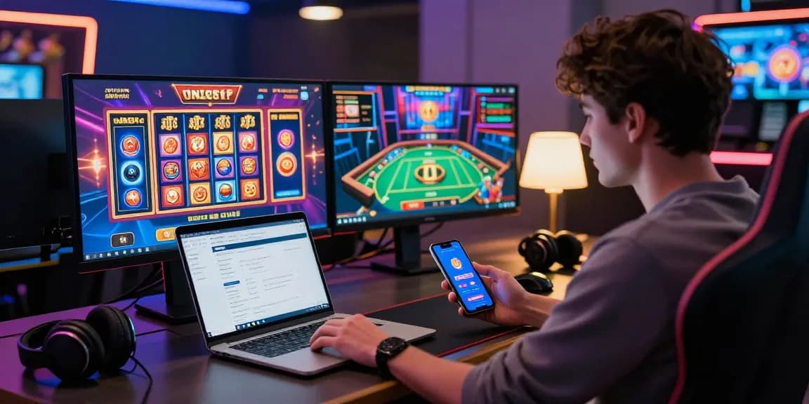 Engaging scene of online gambling with rokok88 alternatif games displayed on colorful screens and accessories highlighted.