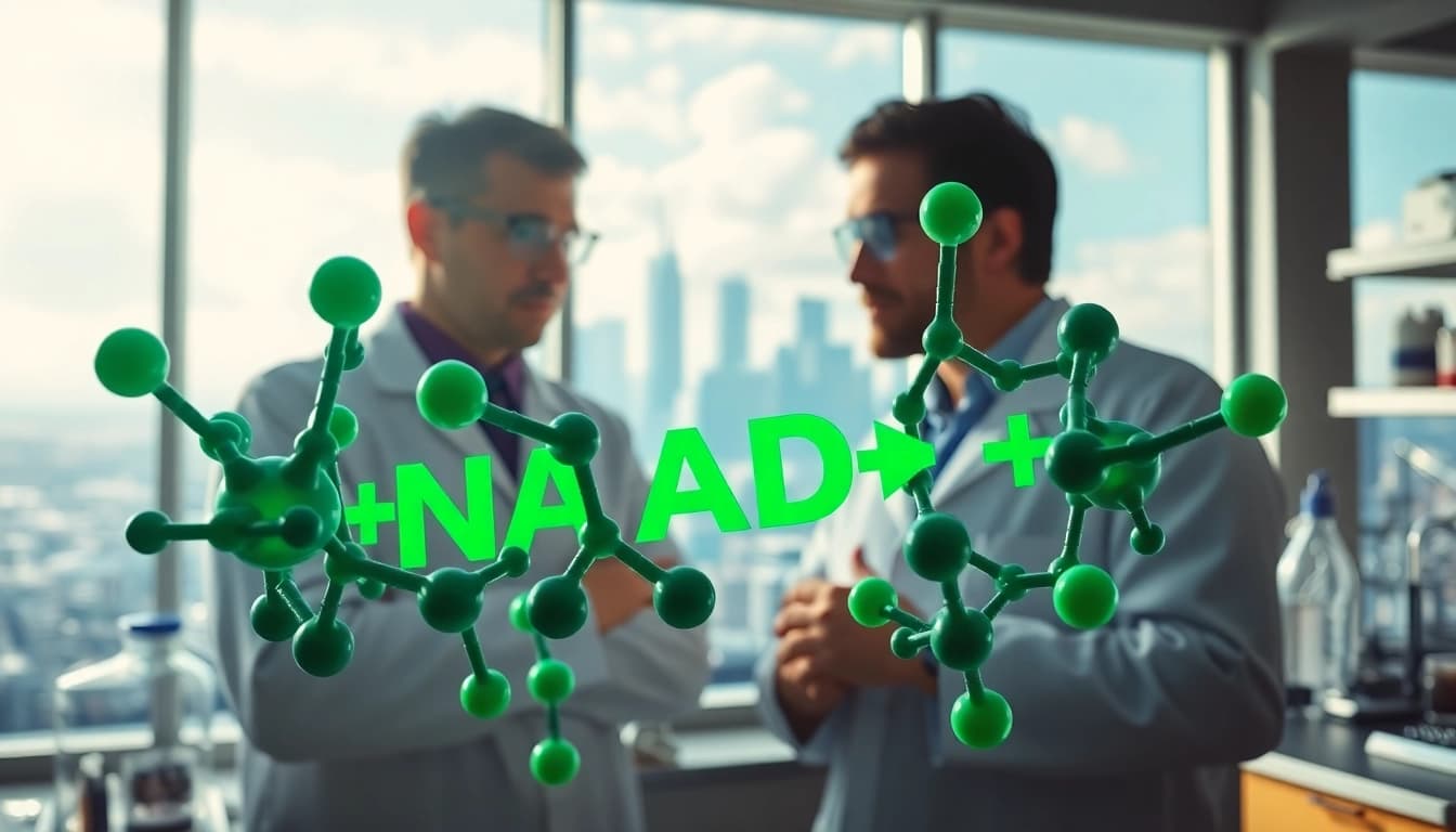 NAD+ molecules showcased under bright lab lighting, with scientists analyzing their structure and potential.