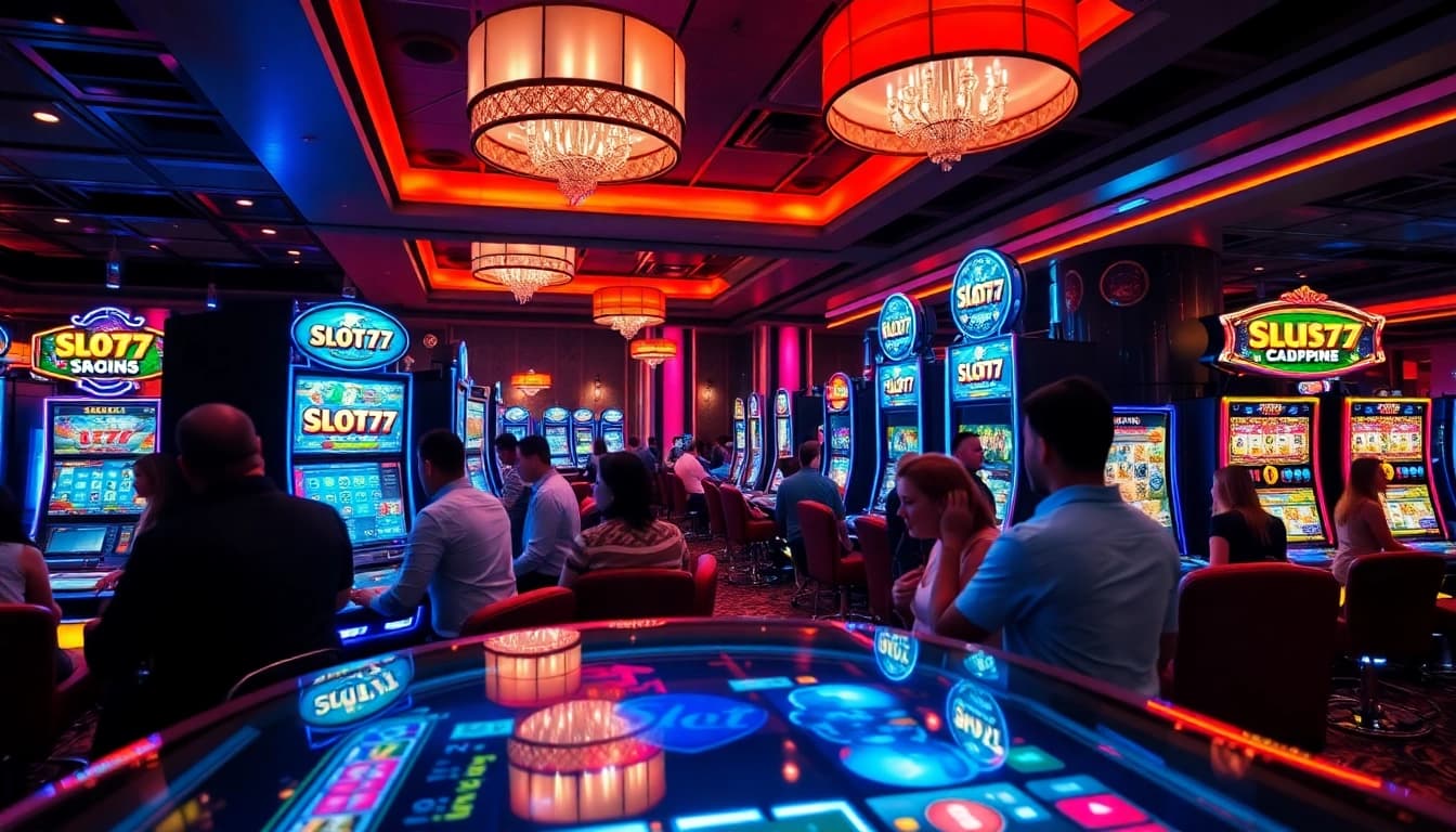Slot77 menampilkan suasana kasino yang meriah dengan pemain yang antusias.