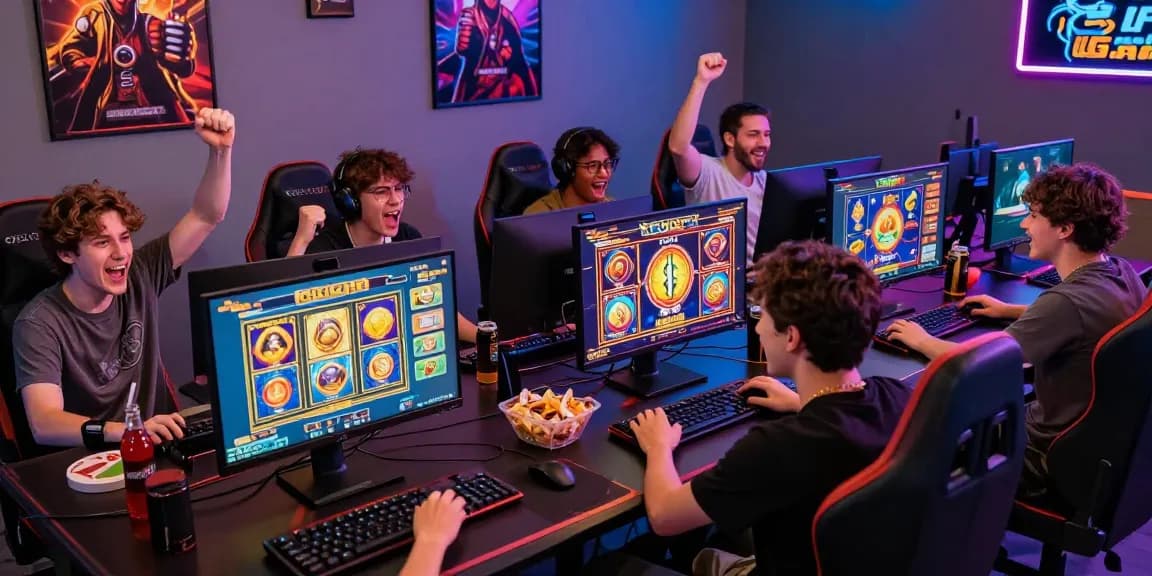 Group of friends enjoying slot gacor games in a vibrant gaming setup.