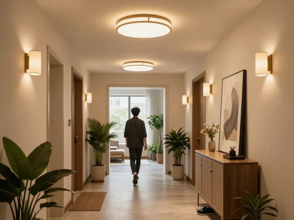 Modern hallway light fixtures creating a welcoming ambiance in a stylish corridor with plants and art decor.