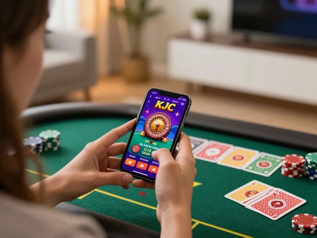 KJC player engaging in strategic gameplay using a mobile casino app, vibrant atmosphere