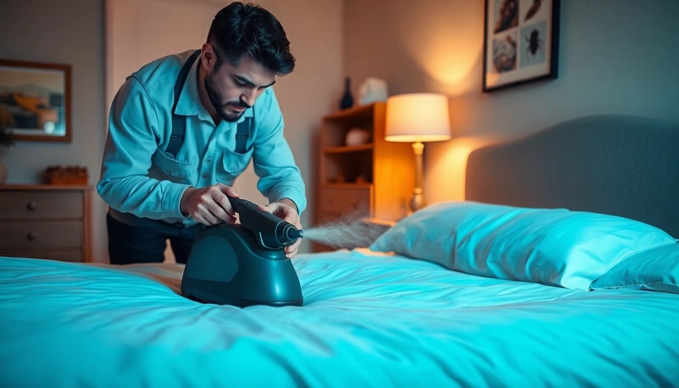 Technician performing bed bug treatment in a cozy bedroom using steam equipment.