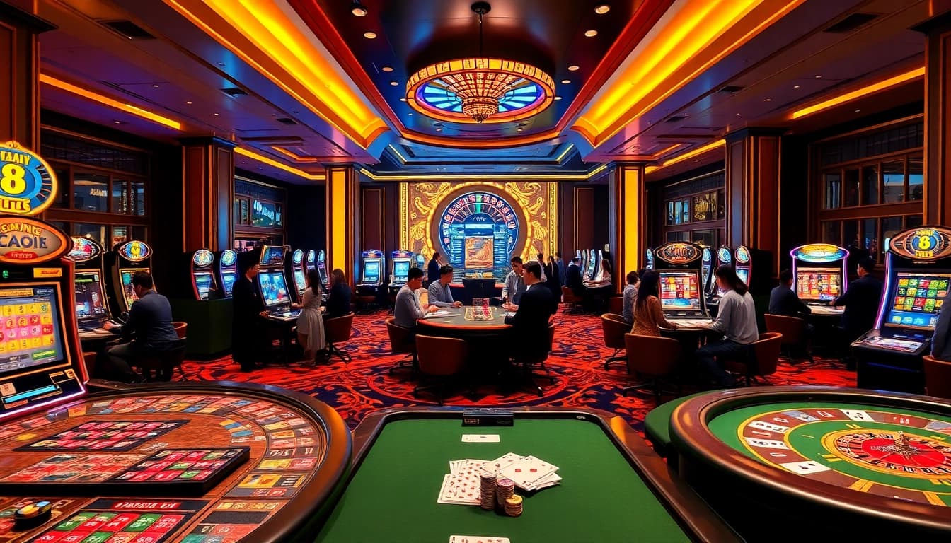 Experience thrills at Nhà cái S8, showcasing a vibrant casino scene with players at tables and slot machines.