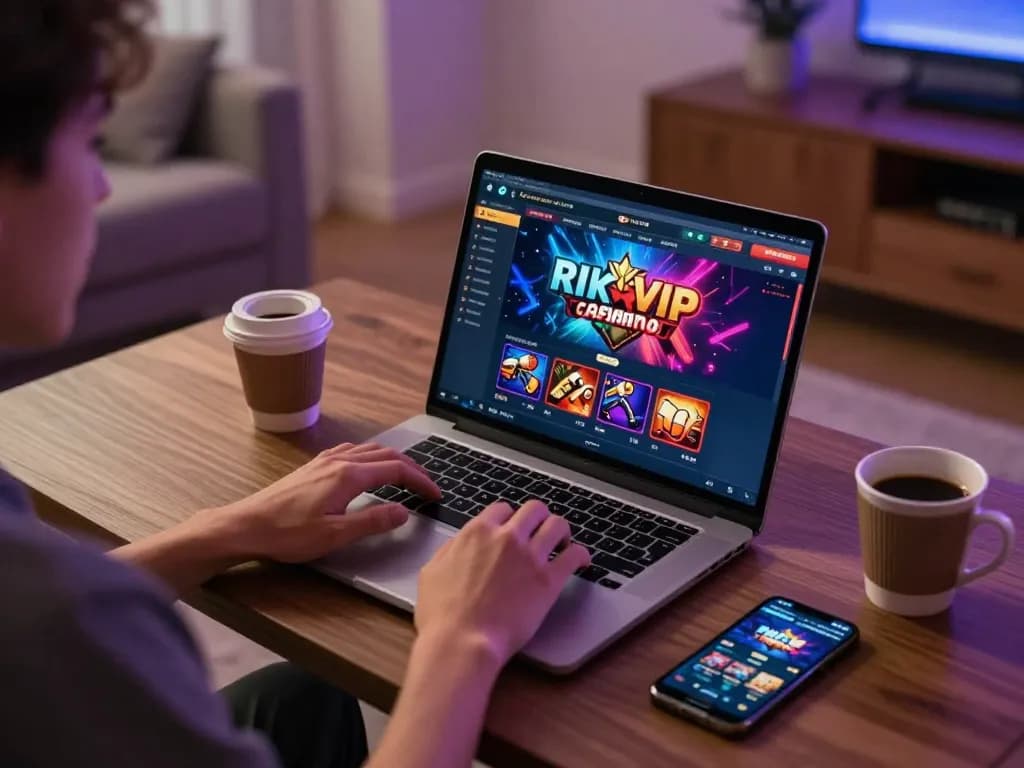 Engaging in a casino game with rik vip on a laptop in a cozy gaming setup.