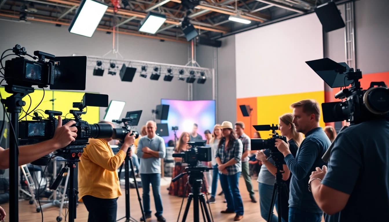 View of a team from edmonton production companies collaborating on a video shoot in a modern studio.