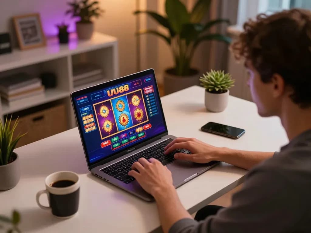 Player engaging with UU88 online casino through a laptop in a cozy gaming setup.
