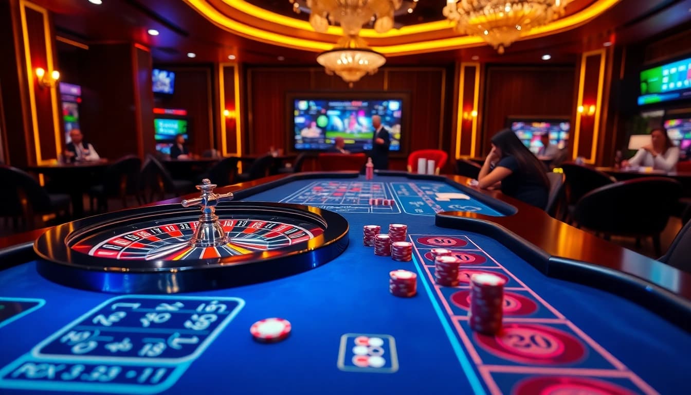 Vivez l'excitation du casino en ligne alors que les joueurs s'affrontent à des tables à enjeux élevés, enrichies par une ambiance luxueuse.