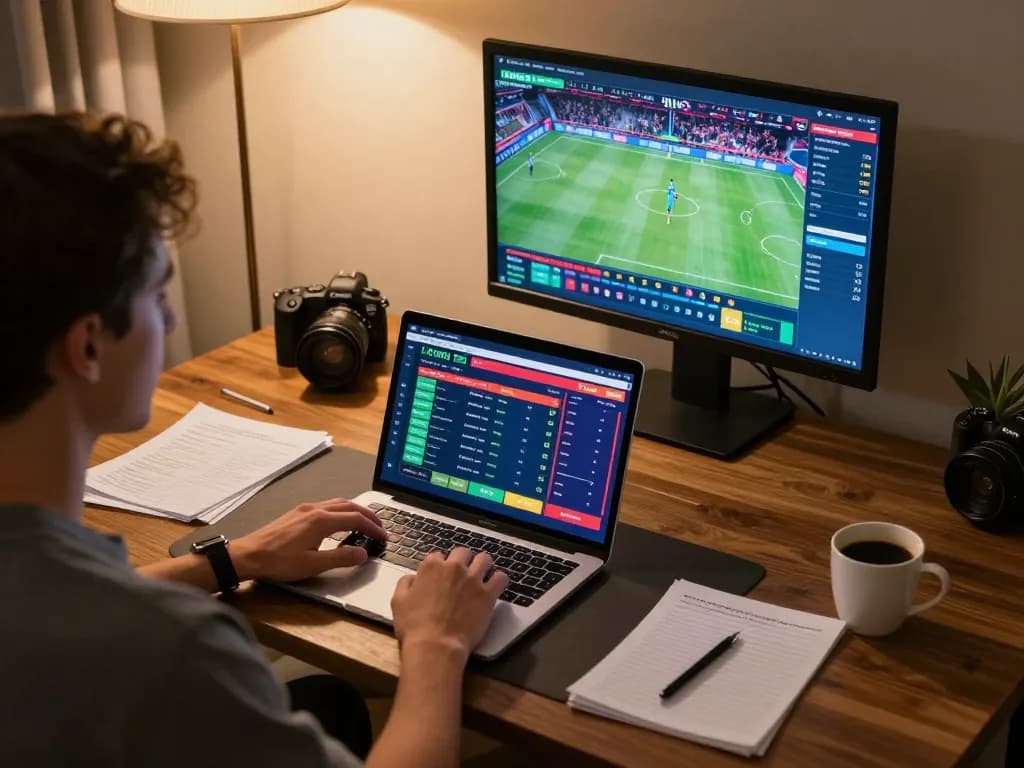Kèo nhà cái sports betting scene with a person analyzing odds on a laptop at home