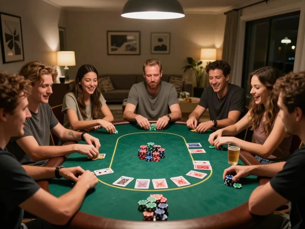 Players engaging in a friendly poker game at home, with giường bệnh nhân setup showing comfort and strategy for optimal gambling.
