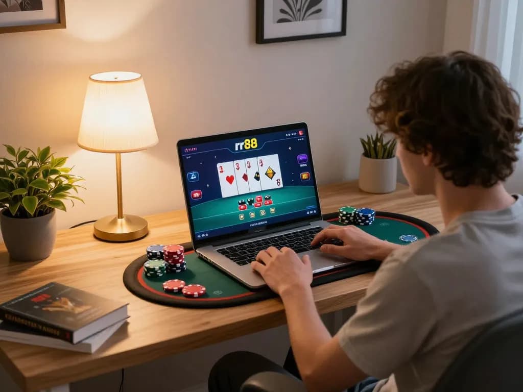 Engaging with the rr88 poker app on a stylish laptop during a cozy home gaming session.